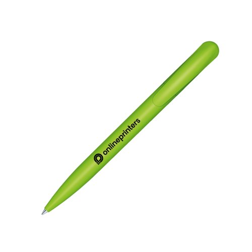 Green plastic ballpoint pen with clip and push mechanism.