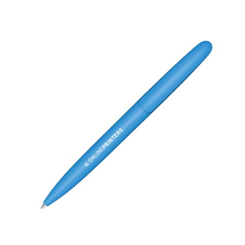 Blue plastic ballpoint pen with twist mechanism.