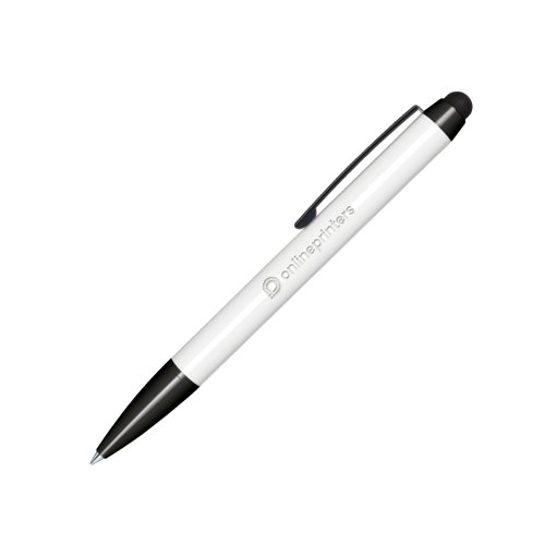 White ballpoint pen with twist mechanism, touch pad stylus, and clip.