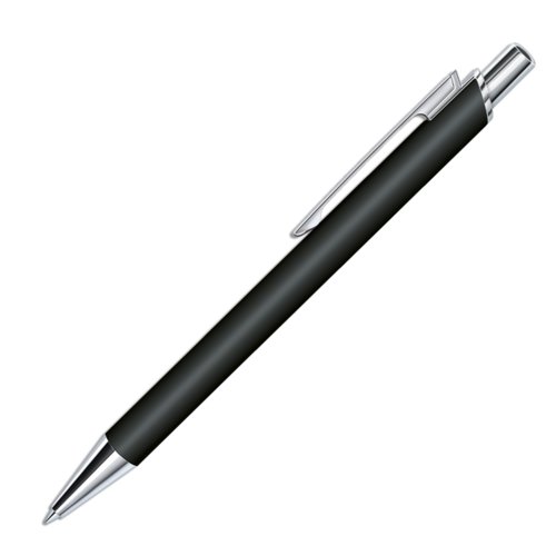 Black ballpoint pen with push mechanism and soft-touch finish.