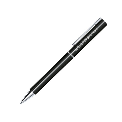 Black plastic ballpoint pen with twist mechanism and clip.