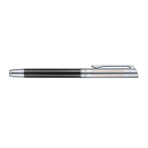Metal-colored rollerball pen with carbon elements and clip.