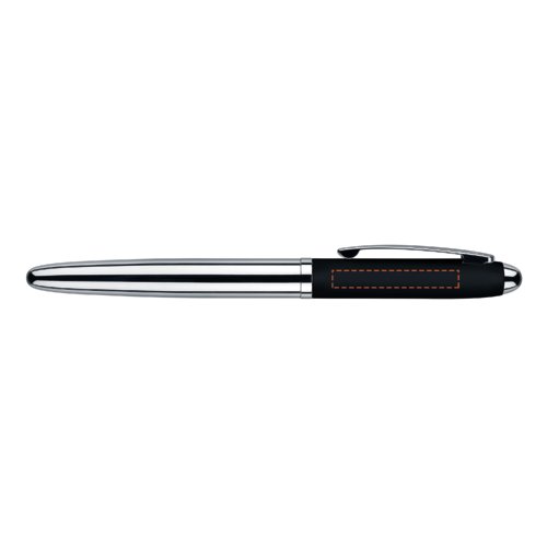 Metal-colored rollerball pen with soft surface and clip.