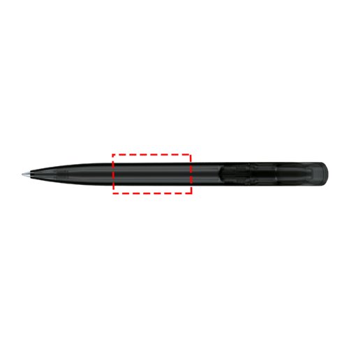 Frosted plastic ballpoint pen with push mechanism and clip.