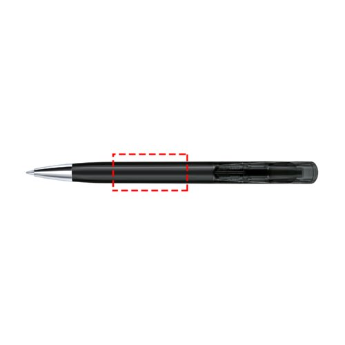 Clear plastic push ballpoint pen with metal elements.