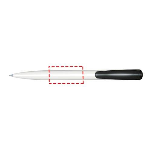 White plastic ballpoint pen with push mechanism and polished finish.