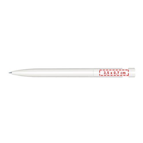 White plastic ballpoint pen with polished finish and push mechanism.