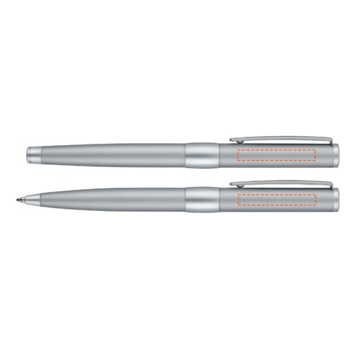 Chrome-colored metal pen set with ballpoint pen, rollerball pen and leather case.