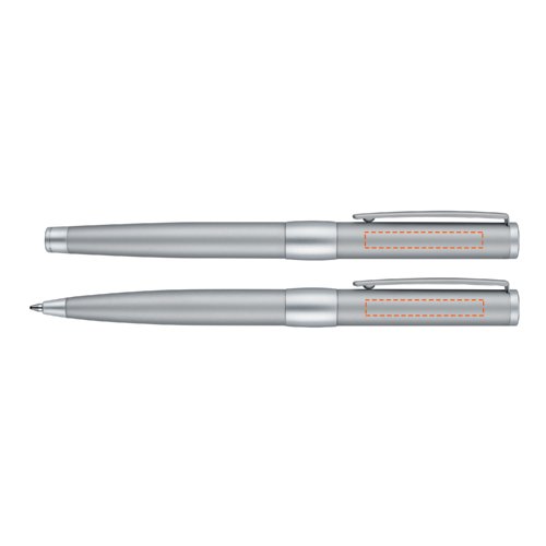 Chrome-colored metal writing set consisting of ballpoint pen and rollerball, with case.