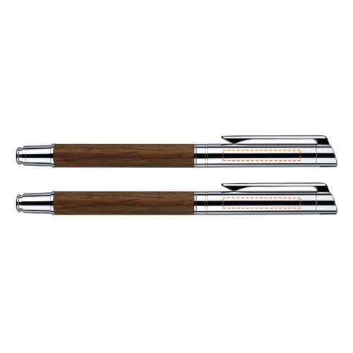 Wood-colored pen set with ballpoint pen, fountain pen and case.