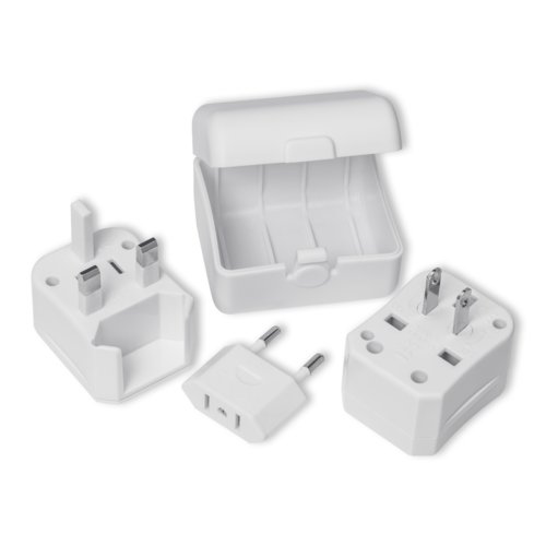 White plastic travel adapter with various plug types and storage box.