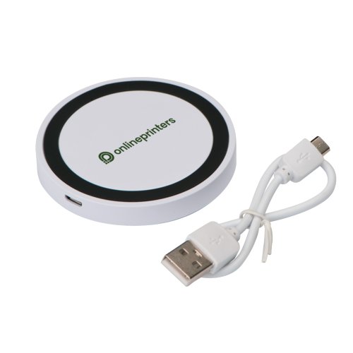 White induction charger with USB cable.