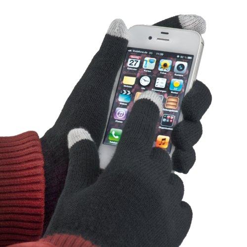 Black fabric gloves with two touchscreen-compatible fingertips.