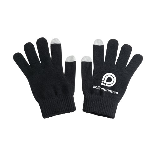 Black knitted gloves with touch function on two fingertips.