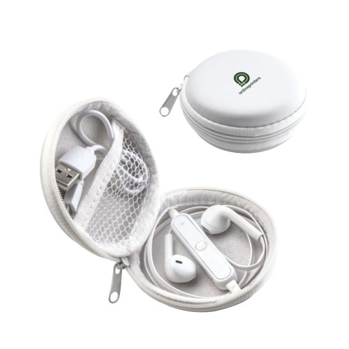 White Bluetooth headphones with carrying case and cable.