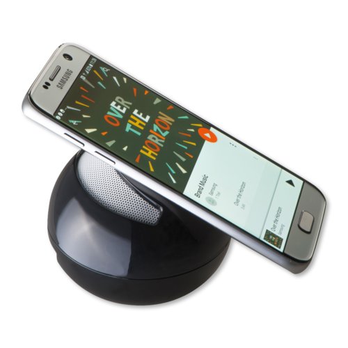 Black Bluetooth speaker in a round shape.