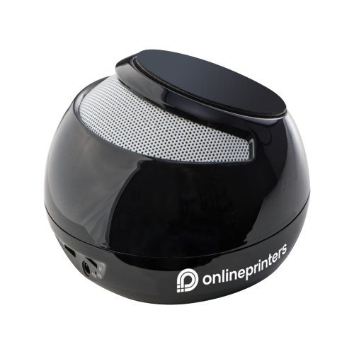 Black plastic speaker with a rounded design.