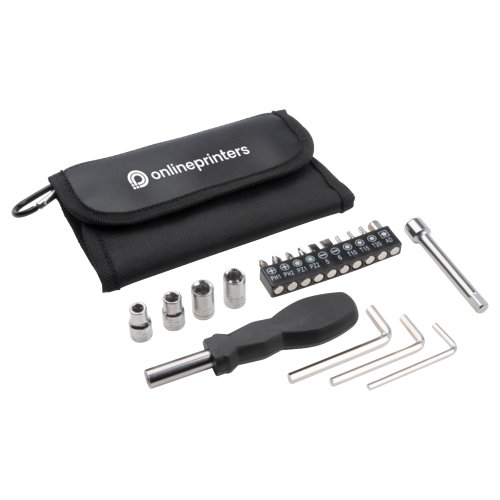 Tool set with bag, screwdriver, sockets and bit set.