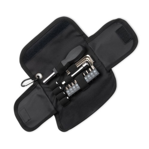 Black tool set in a fabric case with various tool attachments.