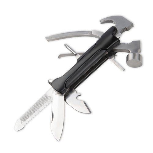 Black metal multi-tool with various integrated tools.