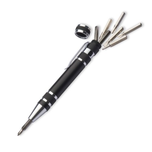 Black metal screwdriver set with various attachments.