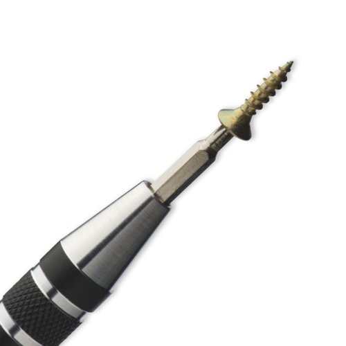 Black metal screwdriver set with various attachments.