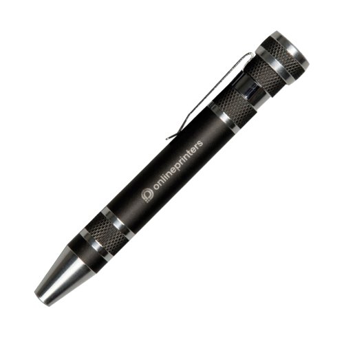 Black metal screwdriver set with various attachments.