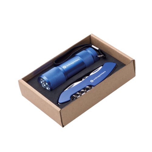 Blue set of flashlight with wrist strap and pocket knife with various tools.