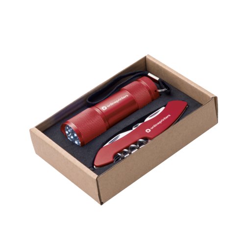 Red metal flashlight with wrist strap and pocket knife with tools.