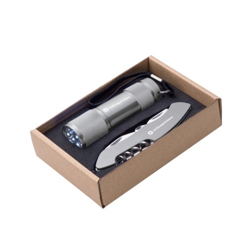 Silver-colored flashlight and pocket knife set in cardboard box.