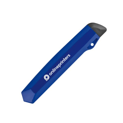Blue cardboard cutter with blade guard and pattern.