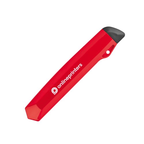 Red plastic box cutter with extendable blade and pattern.