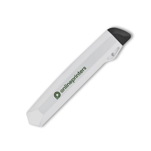 White cardboard cutter with blade and plastic handle.