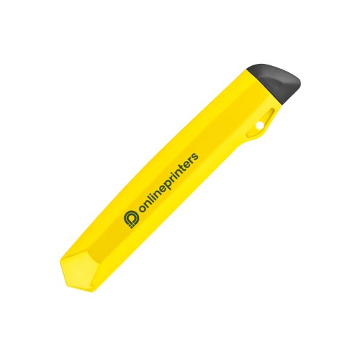 Yellow cardboard cutter with blade and slider.