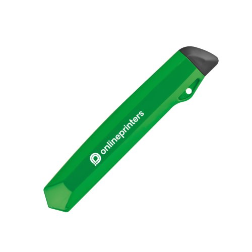 Green plastic box cutter with blade guard.