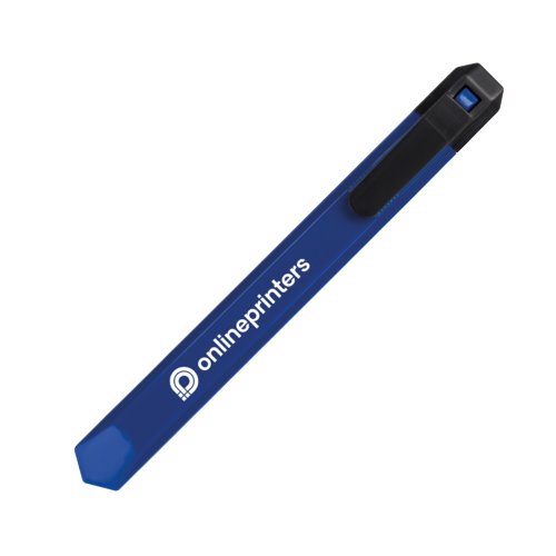 Blue cardboard cutter with blade guard and pattern.