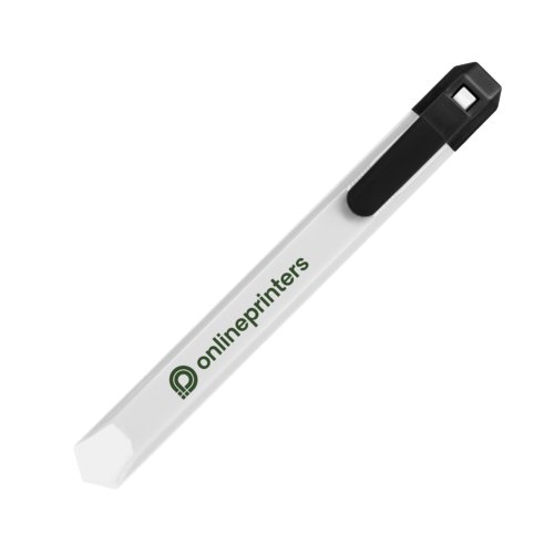 White plastic box cutter with blade protection and clip.
