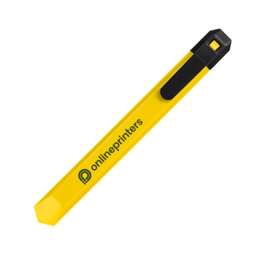 Yellow cardboard cutter with blade guard and clip.