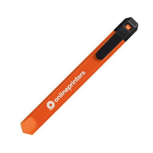 Orange plastic box cutter with blade protection.