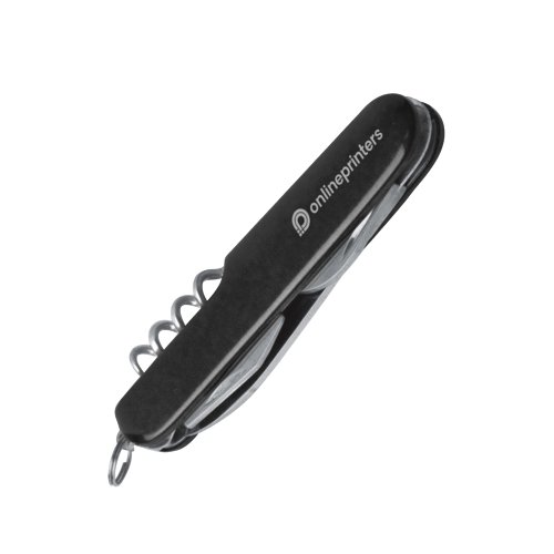 Black pocket knife with various tools and metal ring.
