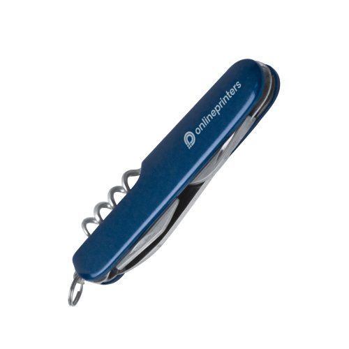 Blue pocket knife with various tools and a keyring.