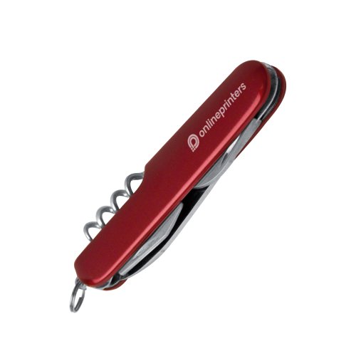 Red pocket knife with various metal tools.