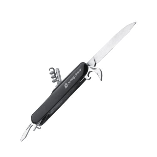 Black pocket knife with multiple stainless steel tools.