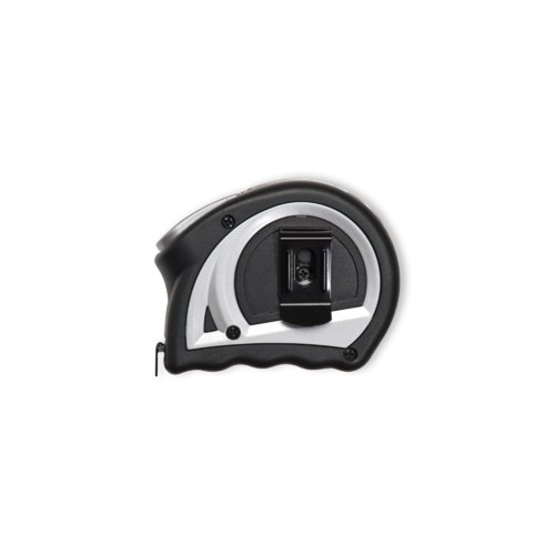 Black steel tape measure with belt clip.