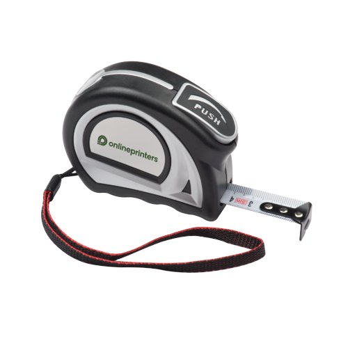 Black steel tape measure with red wrist strap.