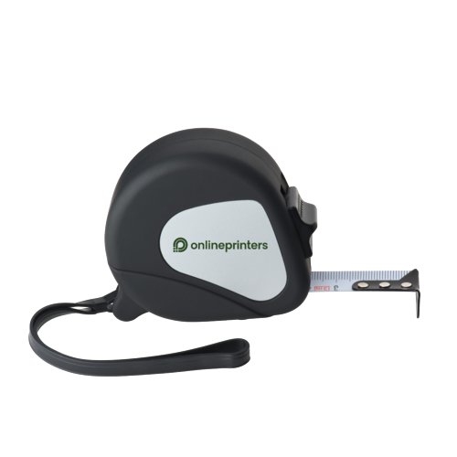 Black measuring tape with winding mechanism and wrist strap.