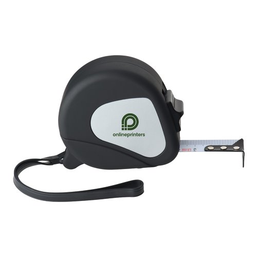 Black measuring tape with casing and hand strap.