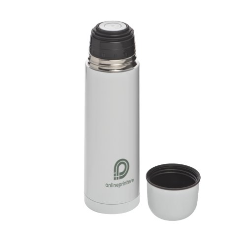 White stainless steel vacuum flask with screw cap.