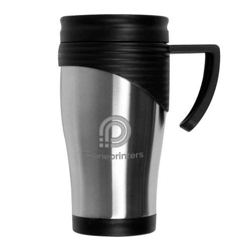 Stainless steel thermal mug with black lid and handle.