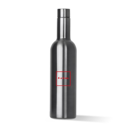 Silver stainless steel thermos bottle with screw cap.